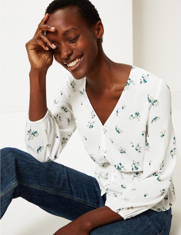 Marks & Spencer Floral Print Waist Detail Crinkle Blouse Ivory Mix