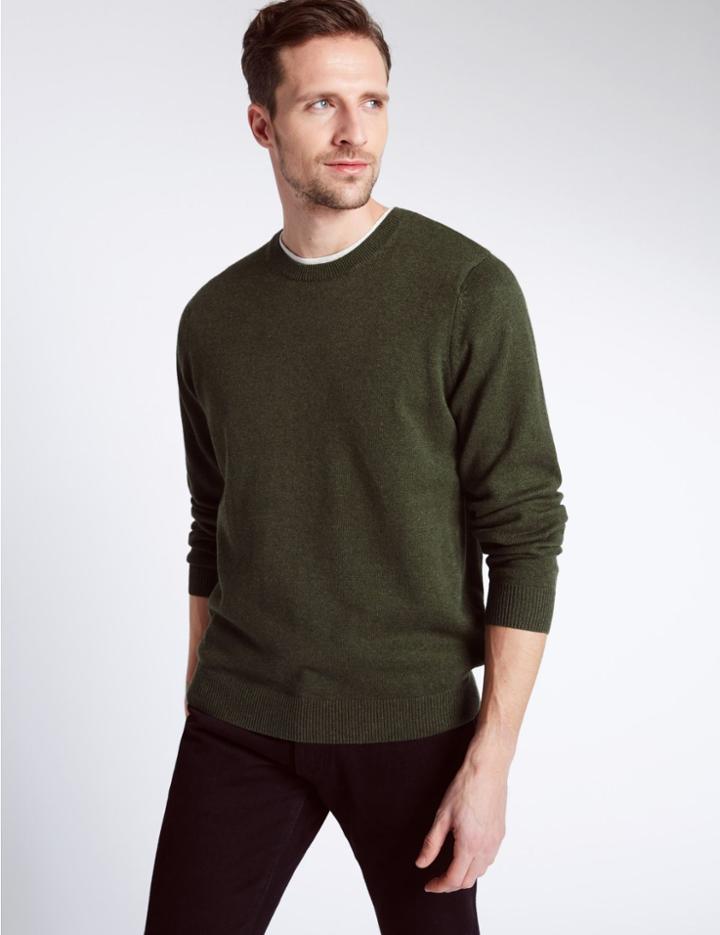 Marks & Spencer Pure Cotton Crew Neck Jumper Dark Green Mix