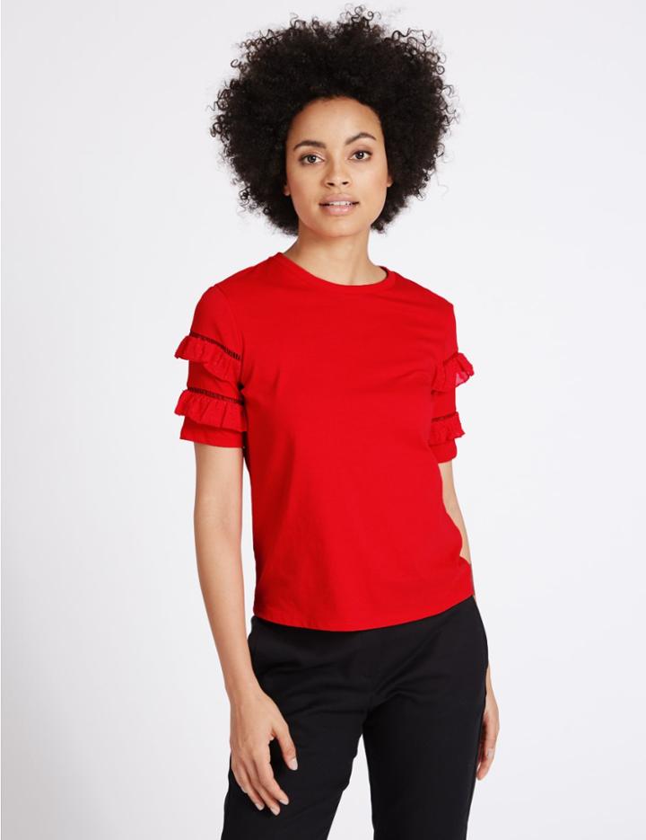 Marks & Spencer Pure Cotton Ruffle Short Sleeve T-shirt Red