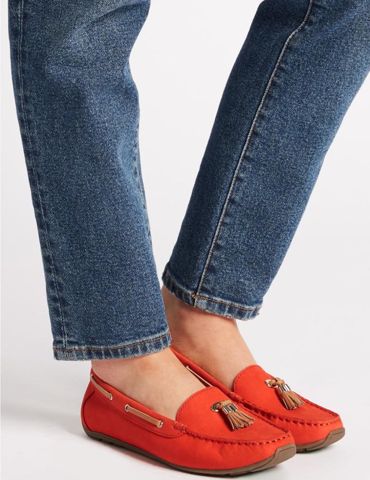 Marks & Spencer Wide Fit Leather Tassel Boat Shoes Red