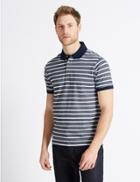Marks & Spencer Slim Fit Pure Cotton Striped Polo Shirt Navy