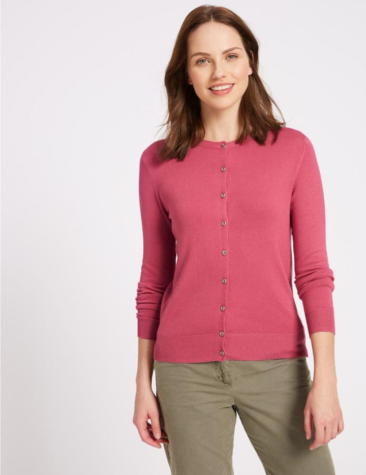 Marks & Spencer Ribbed Round Neck Cardigan Light Raspberry