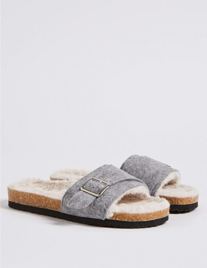 Marks & Spencer Faux Fur Buckle Slide Mule Slippers Grey Marl