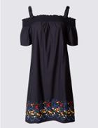 Marks & Spencer Petite Pure Cotton Bardot Swing Dress Blue Mix