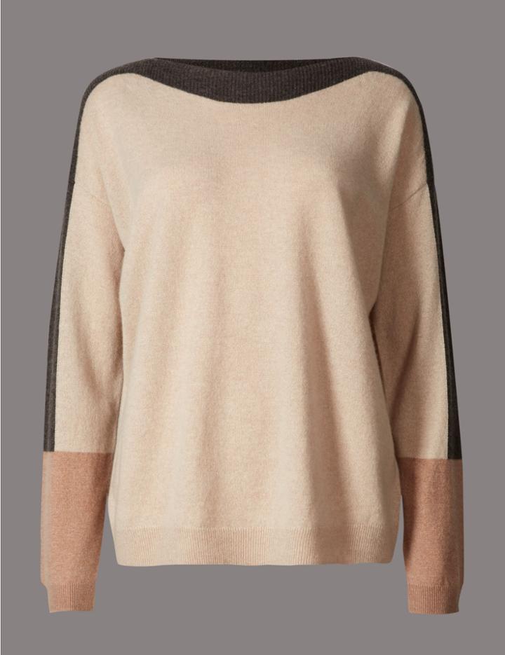 Marks & Spencer Pure Cashmere Colour Block Jumper Camel Mix