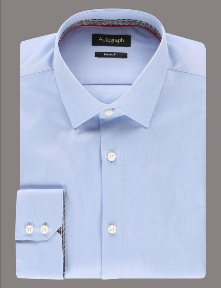 Marks & Spencer 2in Longer Pure Cotton Tailored Fit Shirt Blue