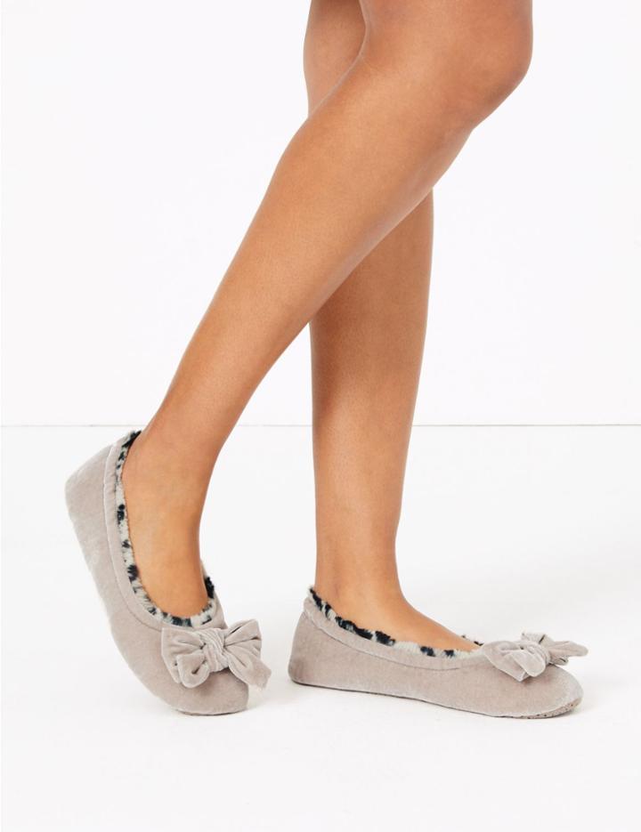 Marks & Spencer Velvet Bow Detail Ballerina Slippers Natural Mix