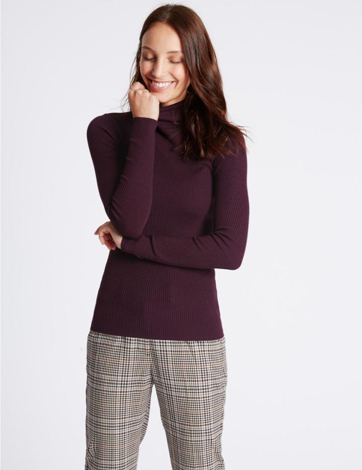 Marks & Spencer Ribbed Polo Neck Jumper Dark Grape