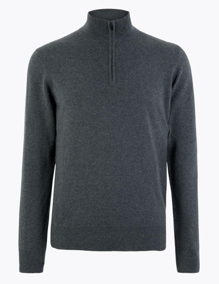 Marks & Spencer Pure Cashmere Half Zip Funnel Neck Jumper Dark Grey Mix