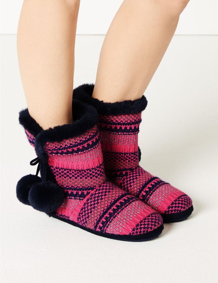 Marks & Spencer Faux Fur Pom-pom Slipper Boots Multi