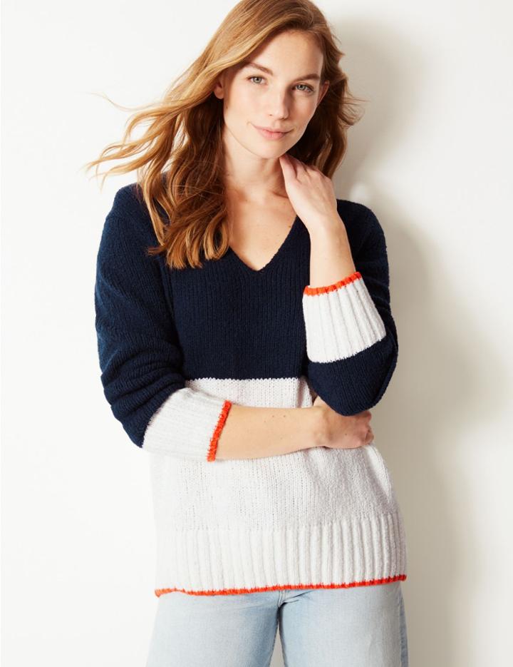 Marks & Spencer Colour Block V-neck Jumper Navy Mix