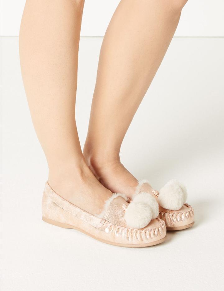 Marks & Spencer Pom-pom Moccasin Slippers Pink