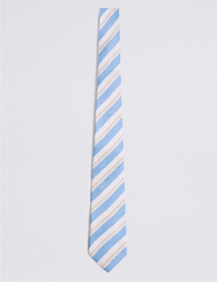Marks & Spencer Linen Blend Striped Tie Blue Mix