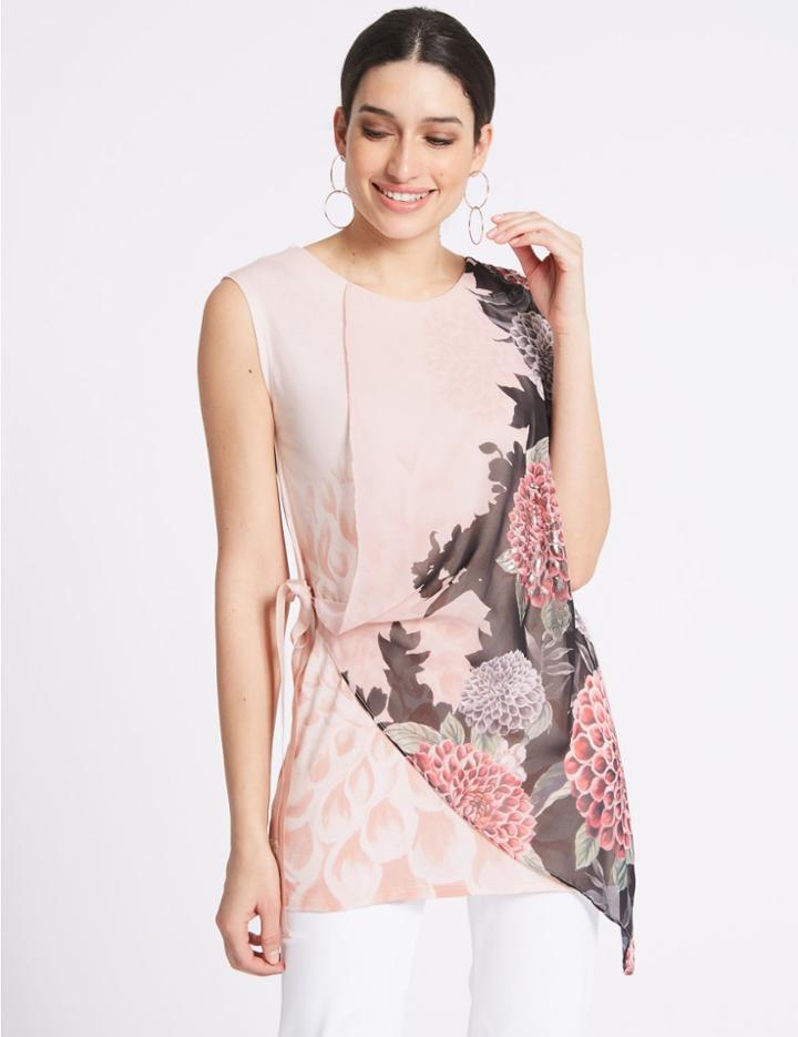 Marks & Spencer Floral Foil Tie Side Round Neck Tunic Ivory Mix