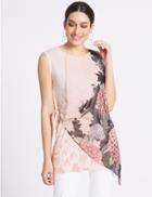 Marks & Spencer Floral Foil Tie Side Round Neck Tunic Ivory Mix