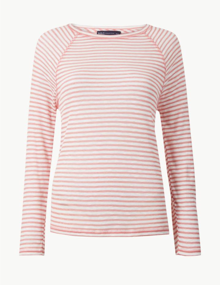 Marks & Spencer Striped Round Neck Long Sleeve Top Pink Mix