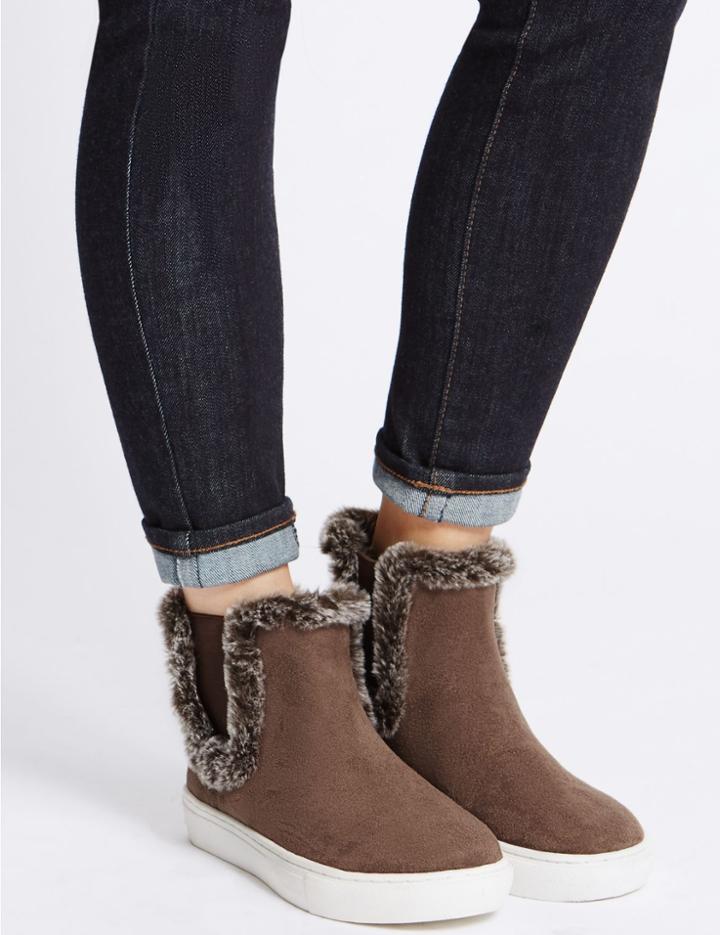 Marks & Spencer Fur Trim Ankle Boots Brown