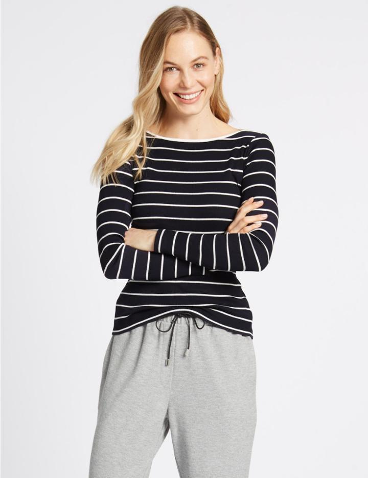 Marks & Spencer Cotton Blend Striped Slash Neck Rib T-shirt Ivory Mix