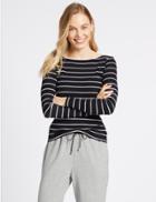 Marks & Spencer Cotton Blend Striped Slash Neck Rib T-shirt Ivory Mix