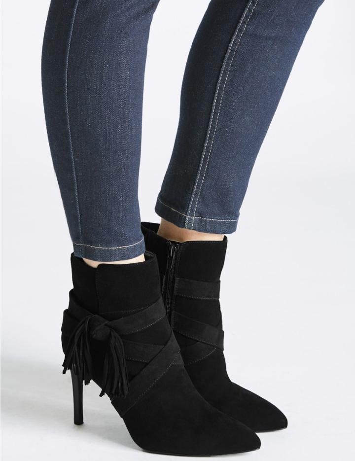 Marks & Spencer Leather Stiletto Tassel Pointed Ankle Boots Black