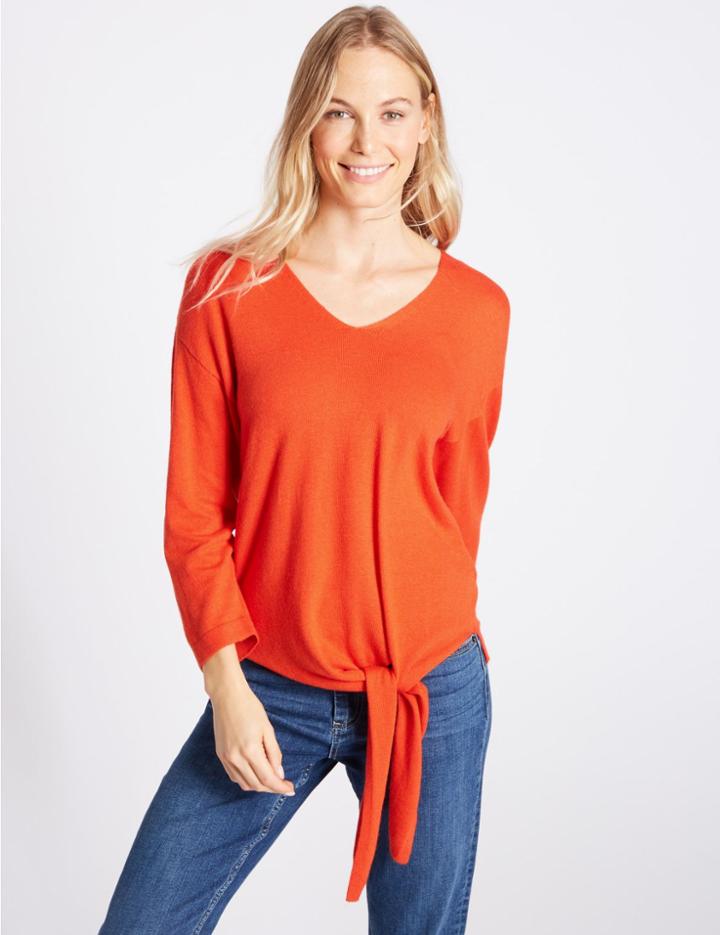 Marks & Spencer Tie Front V-neck Jumper Dark Orange
