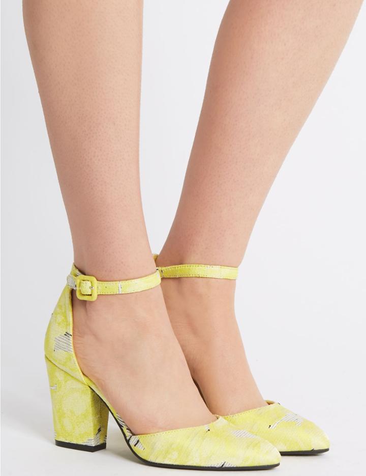Marks & Spencer Block Heel Ankle Strap Court Shoes Yellow Mix