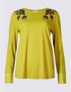 Marks & Spencer Pure Cotton Embroidered Long Sleeve T-shirt Ochre