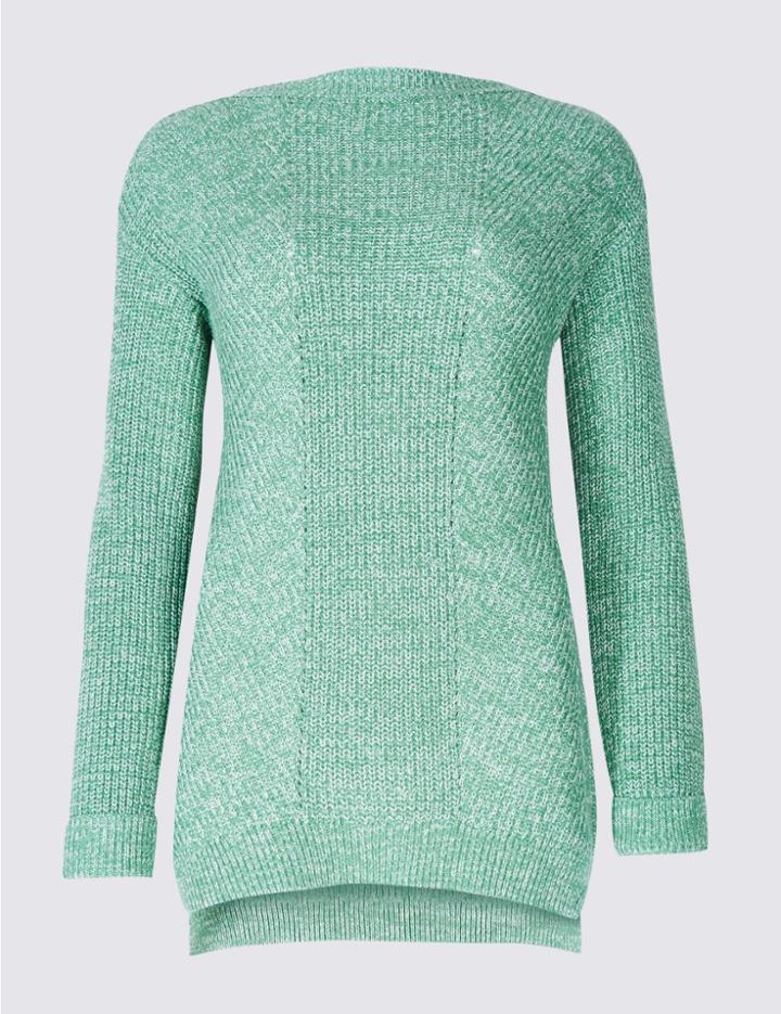 Marks & Spencer Pure Cotton Textured Slash Neck Jumper Green