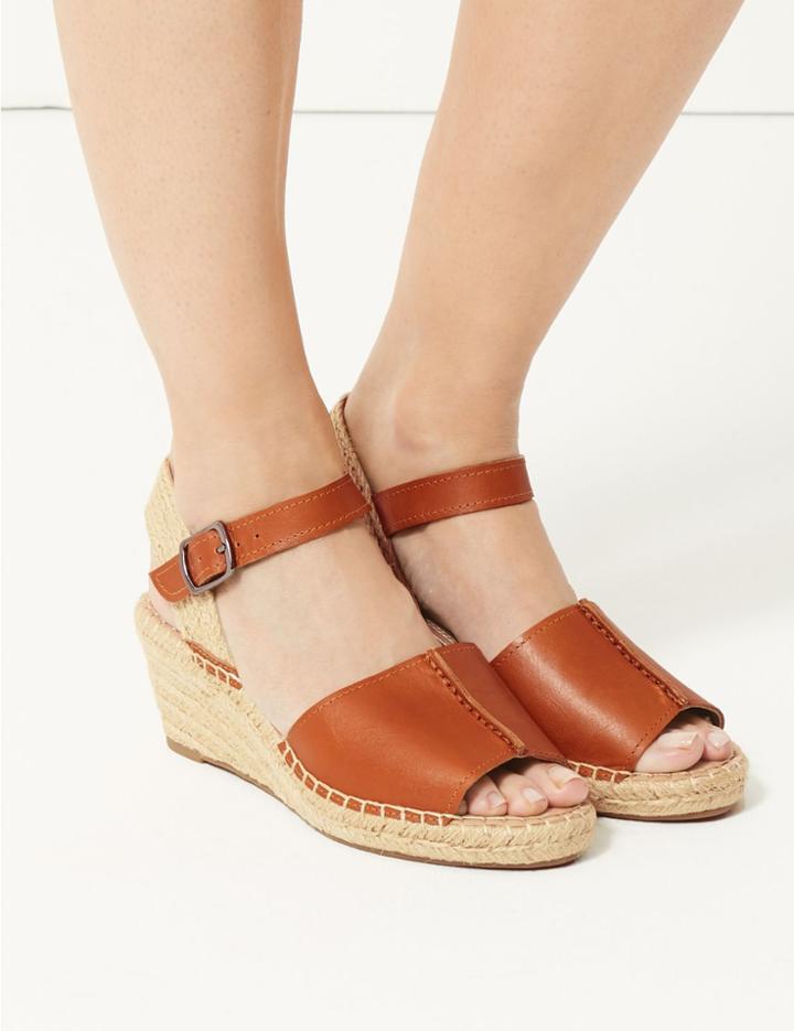 Marks & Spencer Wide Fit Leather Wedge Heel Espadrilles Tan