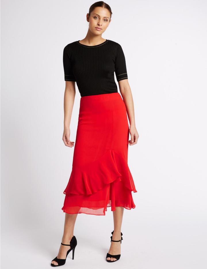 Marks & Spencer Crepe Ruffle A-line Midi Skirt Red