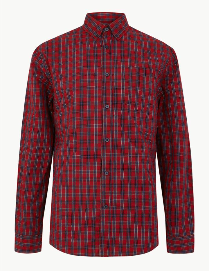 Marks & Spencer Cotton Checked Shirt Burgundy