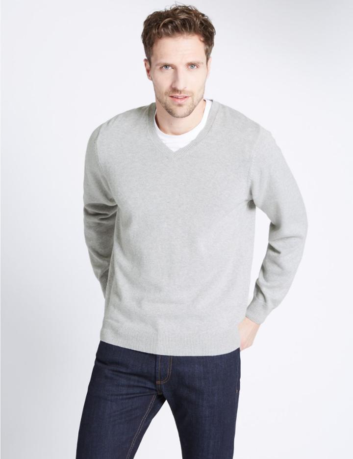 Marks & Spencer Pure Cotton V-neck Jumper Silver Mix