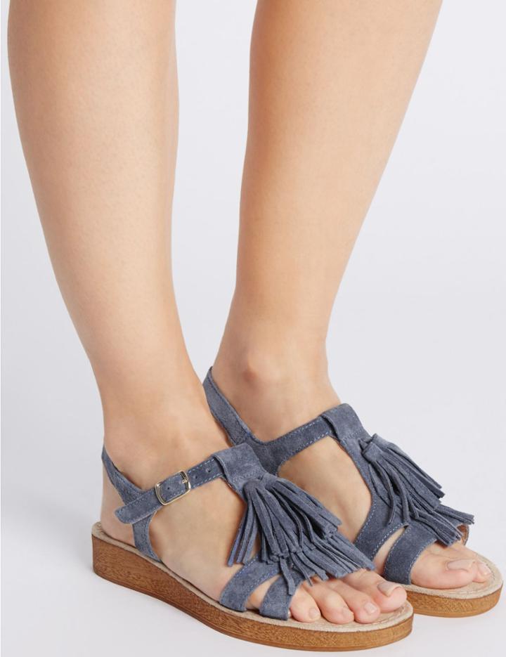 Marks & Spencer Suede Buckle Fringe Sandals With Footglove&trade; Pale Blue