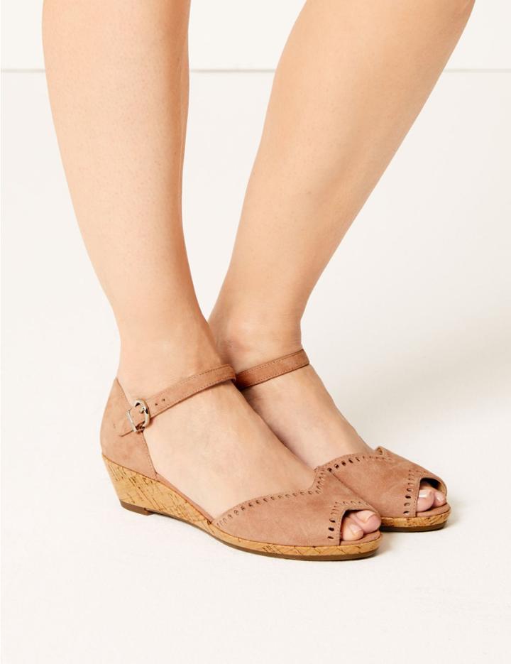 Marks & Spencer Suede Wedge Heel Ankle Strap Sandals Pink
