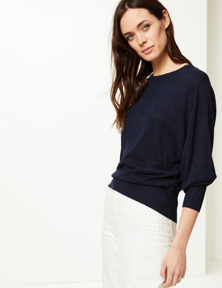 Marks & Spencer Linen Blend Round Neck Jumper Navy