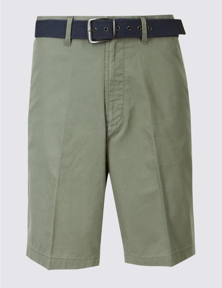 Marks & Spencer Cotton Rich Lightweight Belted Shorts Green