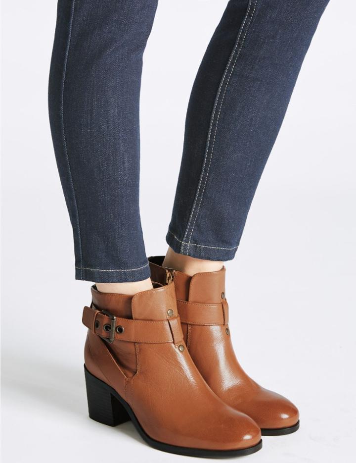 Marks & Spencer Leather Block Heel Strap Ankle Boots Tan
