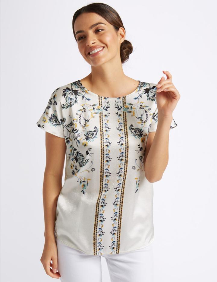 Marks & Spencer Satin Print Round Neck Short Sleeve Top Ivory Mix