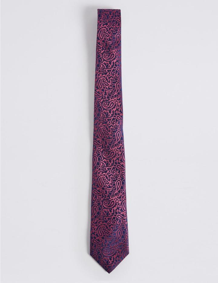Marks & Spencer Pure Silk Paisley Textured Tie Fuchsia Mix
