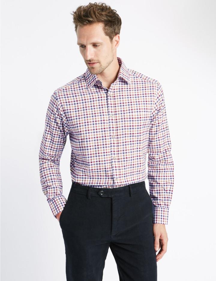 Marks & Spencer Pure Cotton Twill Checked Shirt Wine Mix