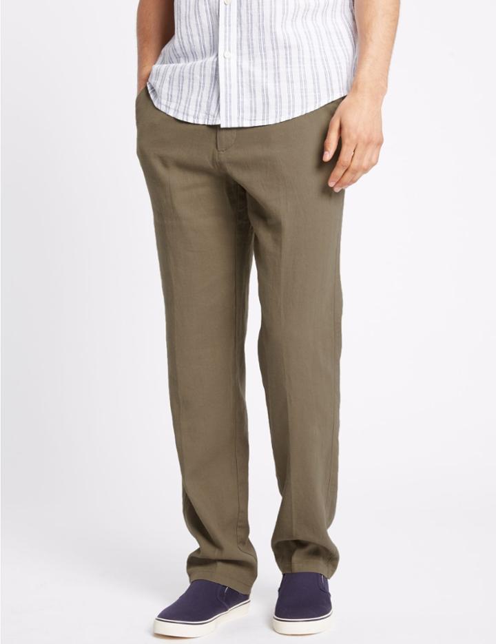 Marks & Spencer Regular Fit Linen Rich Trousers Coffee