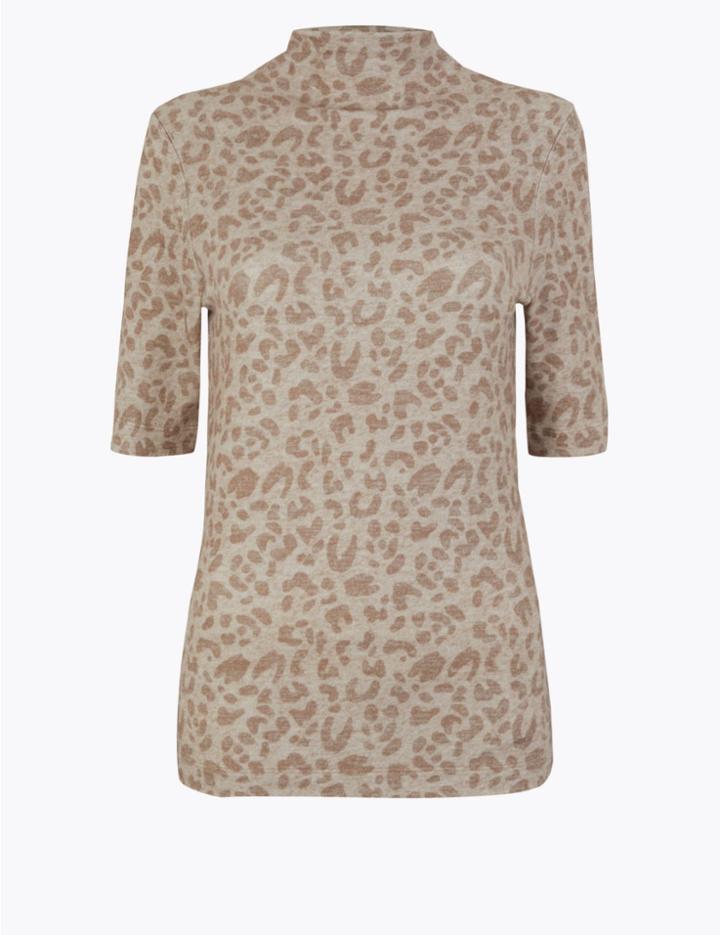Marks & Spencer Leopard Print Half Sleeve Fitted Top Oatmeal Mix