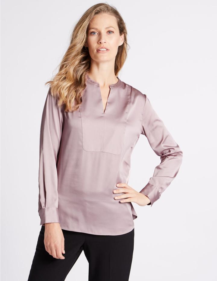 Marks & Spencer Satin Notch Neck Long Sleeve Blouse Pink Cloud