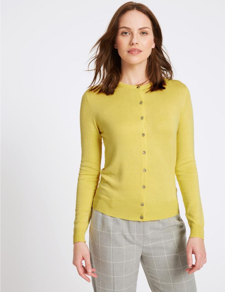 Marks & Spencer Ribbed Round Neck Cardigan Lemon