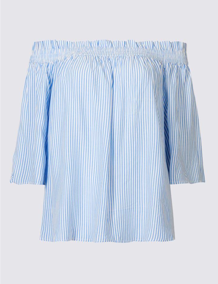 Marks & Spencer Striped Half Sleeve Bardot Top Navy Mix