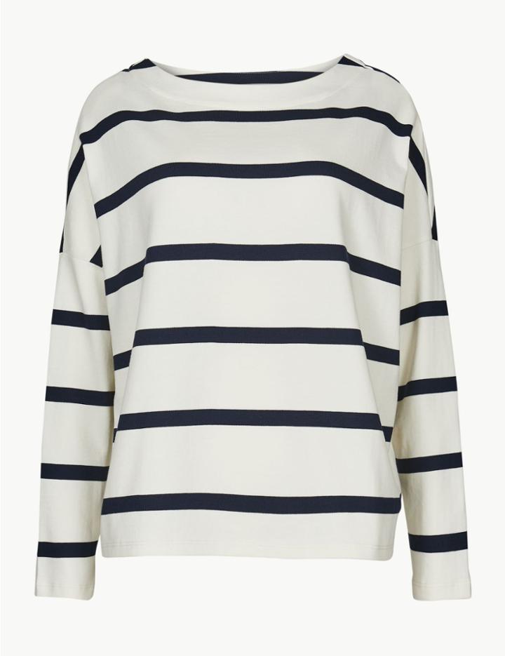 Marks & Spencer Pure Cotton Striped Slash Neck Sweatshirt Ivory Mix