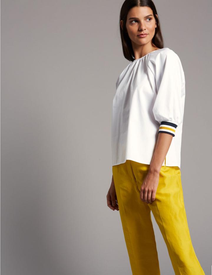 Marks & Spencer Pure Cotton 3/4 Puff Sleeve Poplin Blouse White Mix