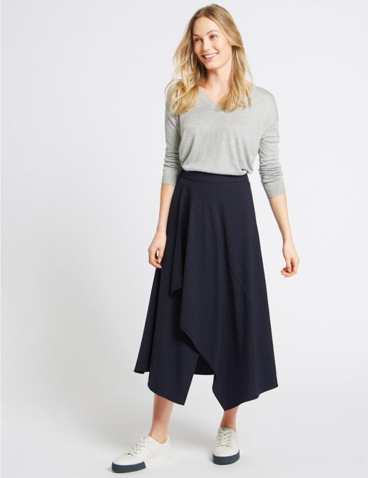 Marks & Spencer Deconstructed Stripe Wrap Midi Skirt Dark Navy Mix
