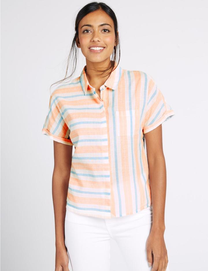 Marks & Spencer Cotton Rich Striped Short Sleeve Shirt Peach Mix