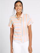 Marks & Spencer Cotton Rich Striped Short Sleeve Shirt Peach Mix